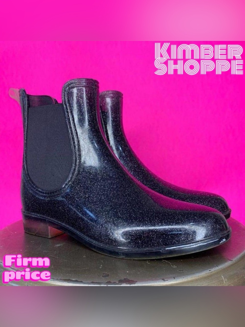Inc Raelynn Black Glitter Rubber Rain Chelsea Ankle Boot US 6
